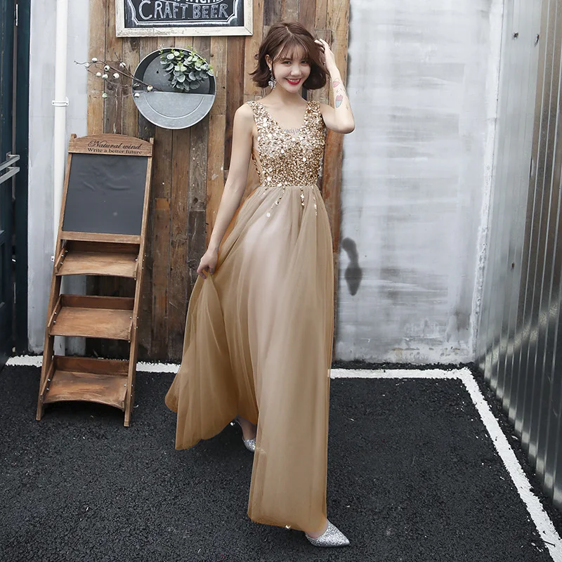 

Women Clothes 2019 Sequin Dress Floor-Length V-Neck Banquet Sequins Long Dresses Generous Noble Sexy Birthday Party Dress A316