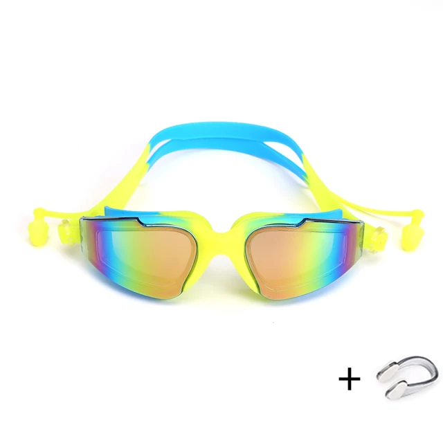 Professional Swimming Goggles Swimming Glasses with Earplugs Nose Clip Electroplate Waterproof Silicone очки для плавания Adluts Yellow Green 36-a