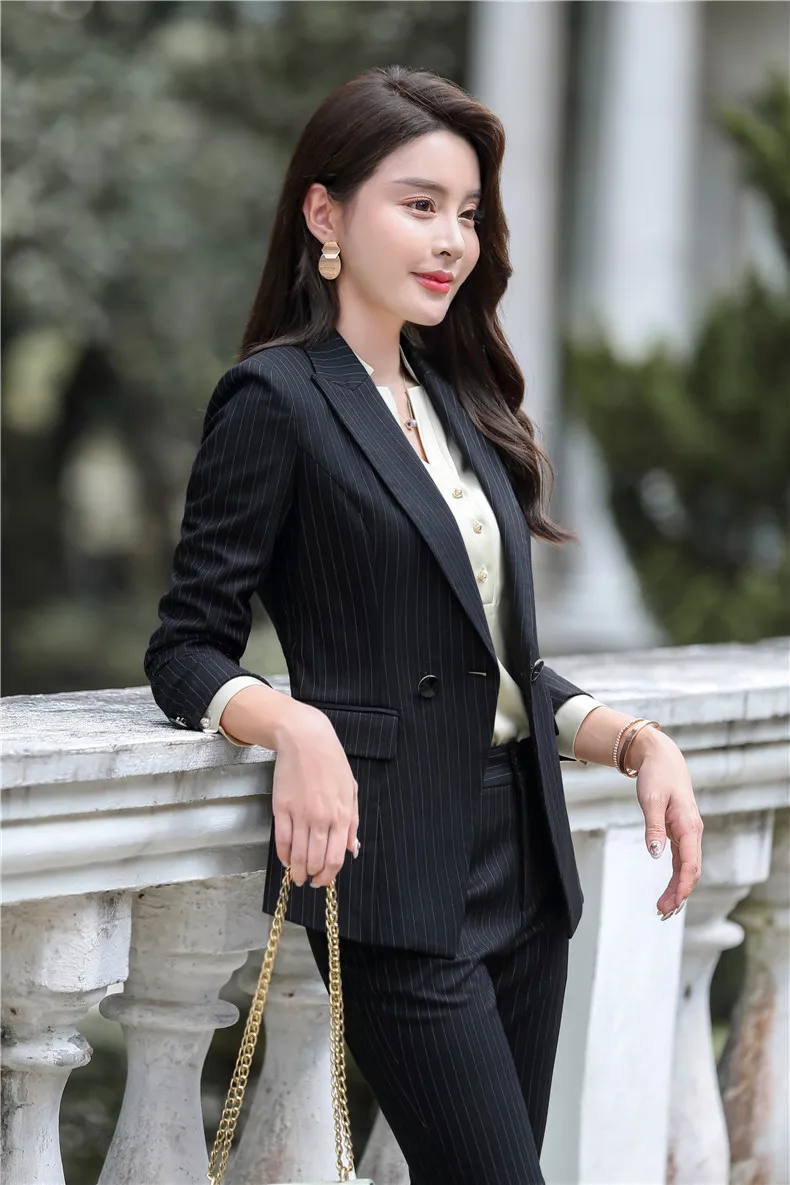 Осень и зима профессиональный женский полосатый костюм с длинными рукавами брюки или юбка костюм Корейская OL Рабочая одежда