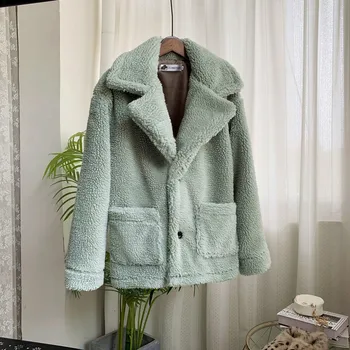 

Coat Female Winter Loose Thick Warm Lamb Fur Solid Color Button Lapel Plus Size Casual Double Pocket Long Sleeve Wool Coat.w