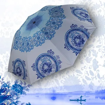 

Design Blue And White Porcelain Umbrella Anti-UV Rainproof Sun Rainy Fold Umbrellas Parasol Chinese Style Umbrella
