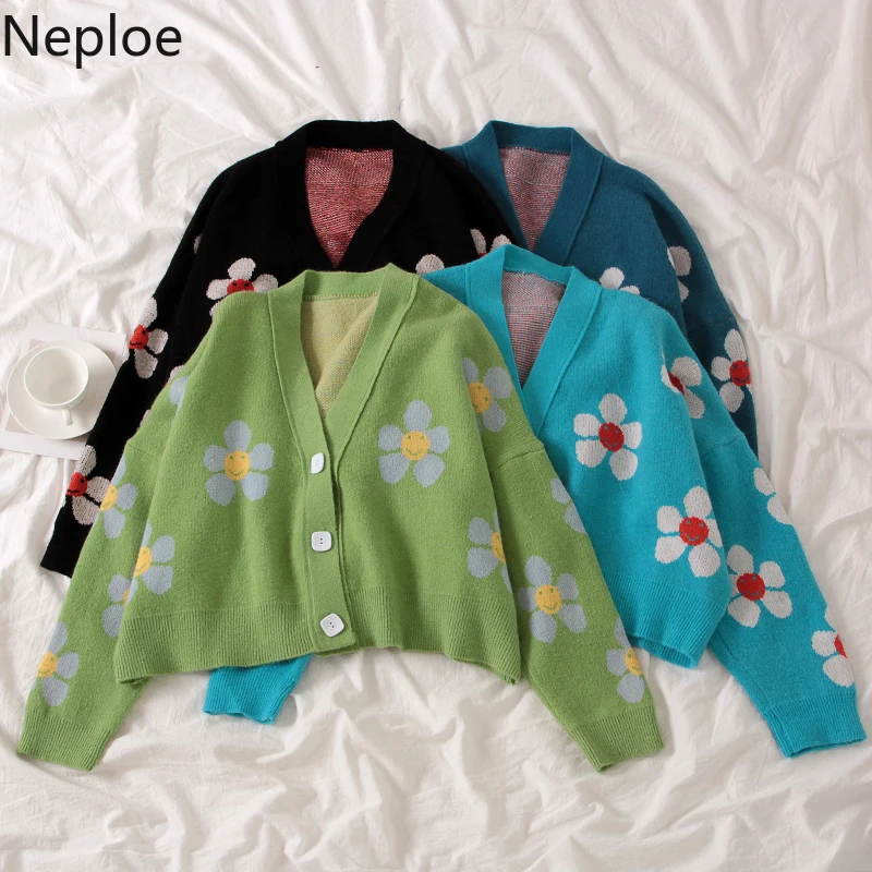 Neploe-Suéter de cuello de pico suelto para mujeres, jersey estilo Preppy de punto con flores, cárdigans, elegante, grueso, con impreso, corto, abrigo informal, 46565