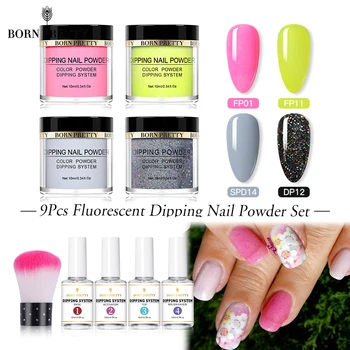 

BORN PRETTY Dipping Nail Powder Set 9PCS Fluorescent Natural Dry Glow in UV Light Nail Holographics Glitter Powder Decorations
