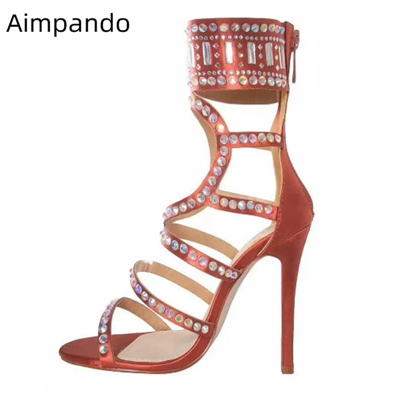 

2019 Gladiator Sandals Women Crystal Studded Catwalk Shoes Sexy Narrow Band Stiletto High Heels Pearl Decor Shoes Hollow Sandals