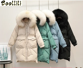 

Boollili Women's Down Jacket Hooded White Goose Down Coat Winter Long Warm Puffer Jacket Raccoon Fur Collar Doudoune Femme Hiver