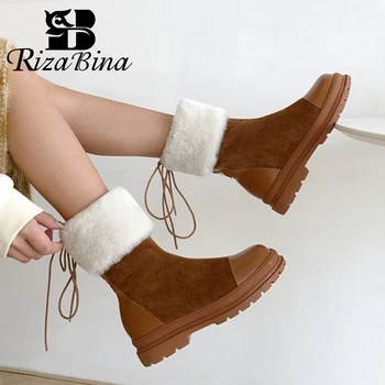 

RIZABINA 2021 New Shoes Real Leather Ankle Boots For Women Round Toe Fur Warm Lace Up Shoes Ladies Footwear Winter Size 34-39