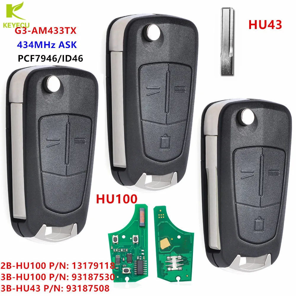 KEYECU Replacement Flip 2/3Buttons Remote Key Fob 433MHz PCF7946 for Vauxhall/Opel Vectra C Signum 2003-2007 Uncut HU43 or HU100