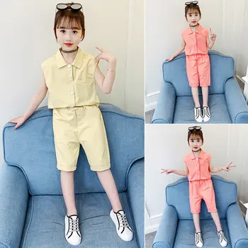 

Girl Clothes Sets Summer Solid Color Shirt + Knee Length Pants 2pcs Kids Outfits Set Children Casual Clothes 6 8 9 10 12 13Years