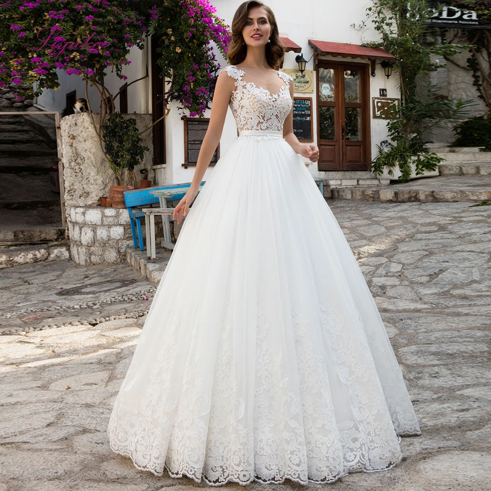 Liyuke Ball Gown Married Wedding Dress Scoop Neck Lace Appliques Cut-out Illusion Sleeveless Tulle Customized Sweep Floor