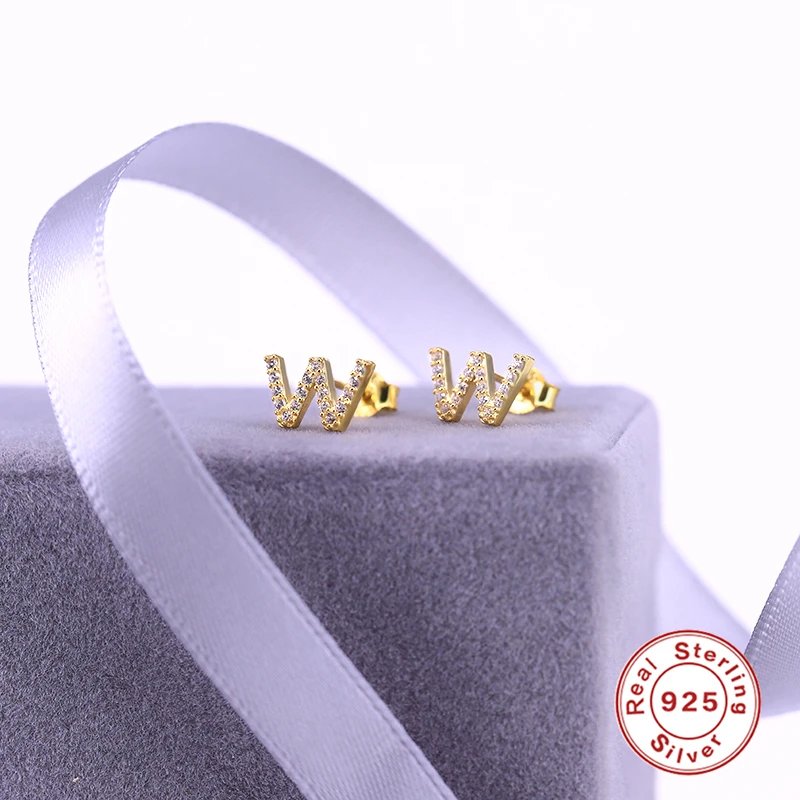 CANNER Small 925 Sterling Silver Alphabet Stud Earrings for Women Exquisite Zircon Cartilage Piercing 26 Letter Earings Jewelry