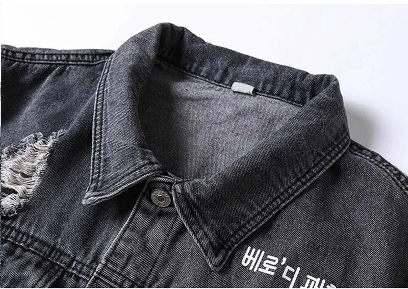 Men Fashion Ripped Jeans Jackets Outwear Letter Printed Distressed Denim Jackets Clothing For Male Black (7)