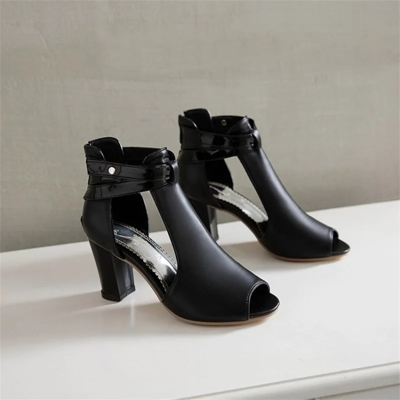 

Women's Back Zipper High Thick Heel Sandals 2021 Spring New European And American Windfish Mouth Flat Color Side Empty Bag Heels