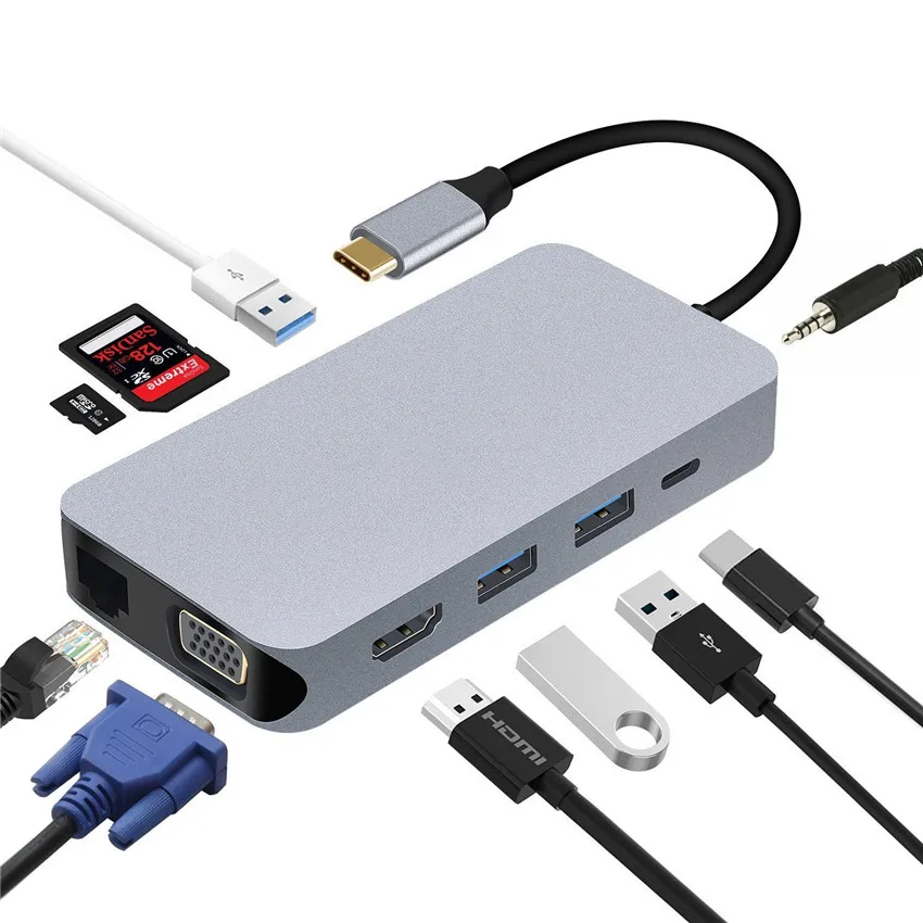 Тип c до VGA HDMI USB HUB Кабель-Переходник USB C на RJ45 SD TF карты с 3,5 мм гнездо для наушников и PD зарядный порт мульти-Многофункциональный преобразователь