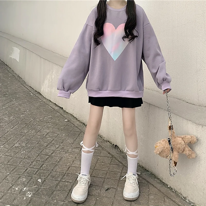 Осень корейский Свободный сладкий любовь печати с длинным рукавом Толстовка