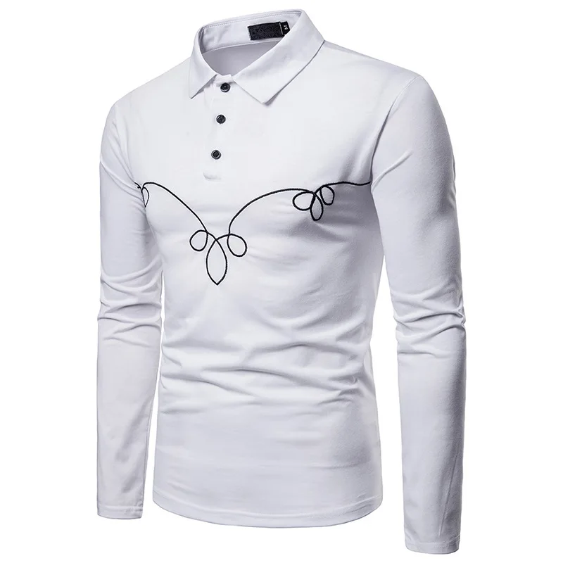 

Autumn And Winter New Style Fashion Solid Color Sweater Chest Flower Type Embroidered Men Fold-down Collar Long Sleeve Polo