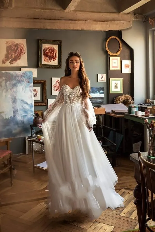 2020 элегантное богемное кружевное свадебное платье, пляжные богемные Свадебные платья с длинным рукавом, простое платье с открытыми плечами