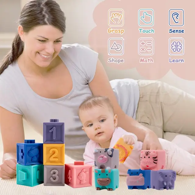 12pcs Baby Sensory Toys Building Silicone Blocks Grasp Toy 3D Silicone Building Blocks Soft Ball Kid Rubber Bath Cube Baby Toy 5