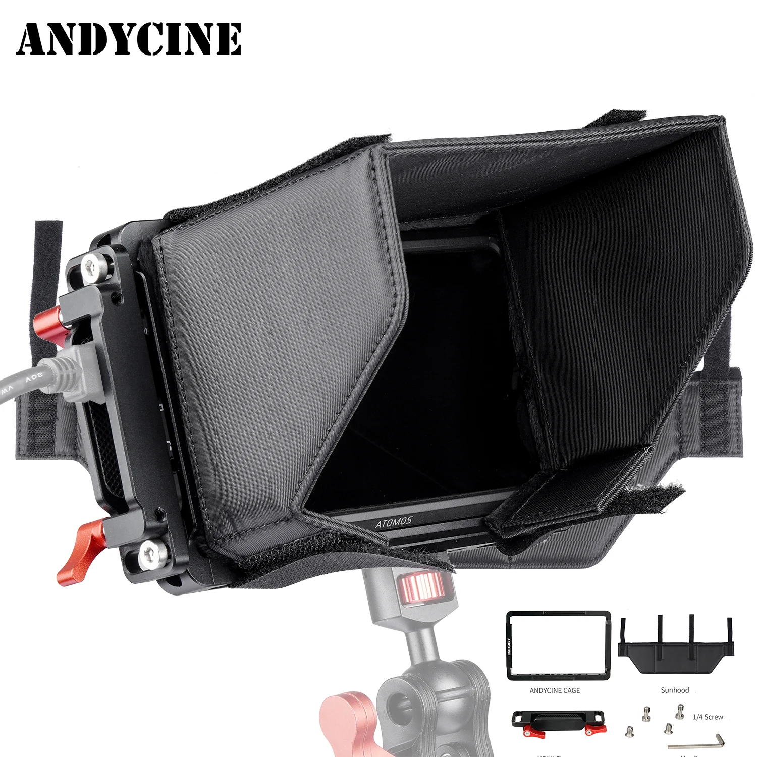 Andycine 5 "Gabbia Per Monitor Con Binario Nato Incorporato E Morsetto Per Cavo Hdmi Extra Sunhood Per Atomos Ninja V E Shinobi