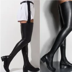 2023 Winter Low Heel Belt Buckles Black Elastic Women Over Ther Knee Boots Female High Knee Boots Big Size Leather Boots Shoes