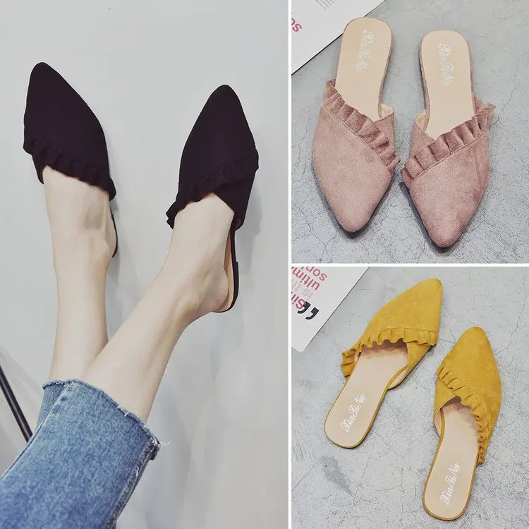

Slipper Women's 2020 Women's Shoes New Style Korean-style Pointed-Toe Closed-toe Semi-Slipper Women's Suede Flounced Sandals Wom