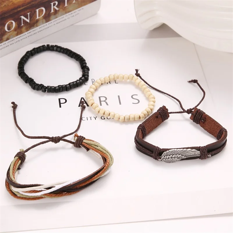 IFMIA 1 комплект 4 шт. многослойные кожаные браслеты крыло деревянные бусины натуральный браслет Популярные манжеты для женщин мужчин ювелирные изделия Pulsera опт