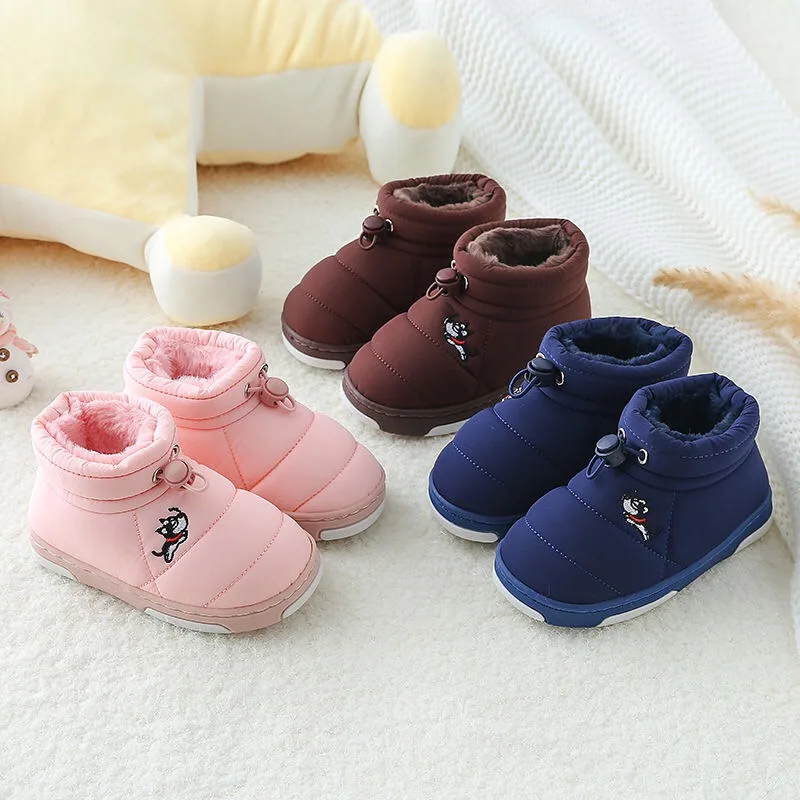 Новые зимние детские хлопковые домашние ботинки на пуху; мягкая Нескользящая Домашняя и уличная теплая хлопковая обувь с плюшевой подкладкой для мальчиков и девочек