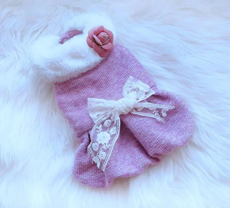 Меховой воротник осень и зима собака платье розовый фиолетовый цвета Xs-xl Размеры домашнее животное теплые платья домашнее животное собачье свадебное платье Принцесса