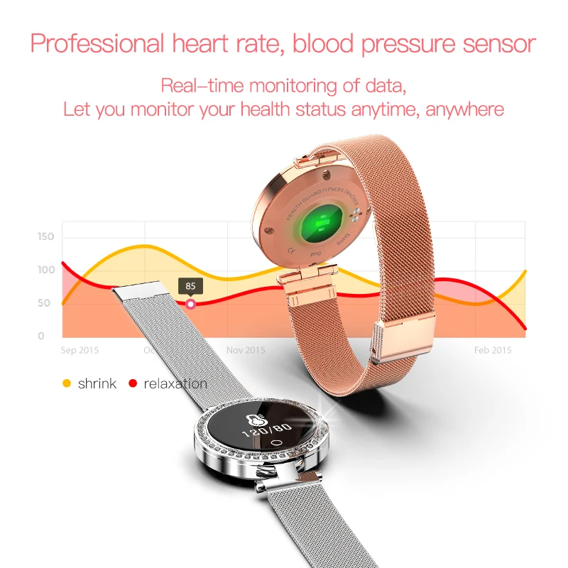 Женские Смарт-часы 32 мм Диаметр кровяное давление монитор сердечного ритма для Android IOS IP68 Водонепроницаемый Алмазный монтажный дизайн