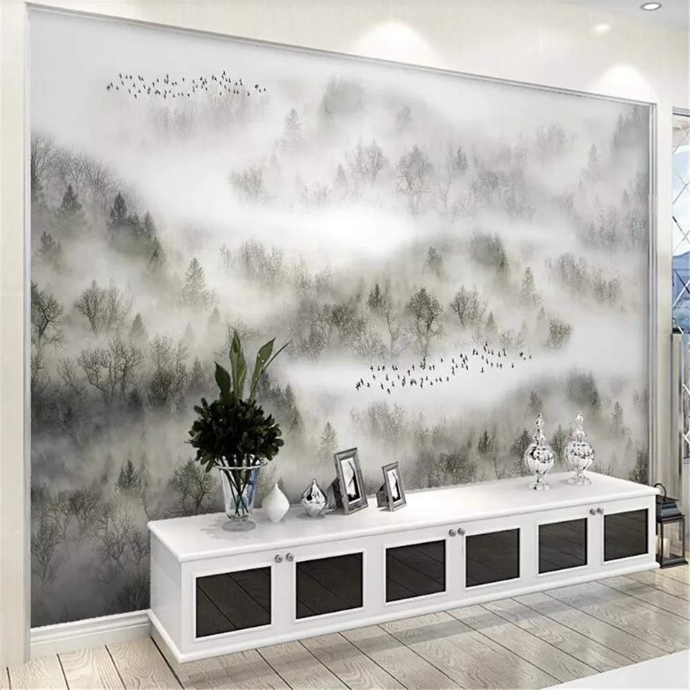 

Milofi customized 3D wallpaper mural non-woven fabric Chinese cloud pine forest fog pine Zen bird TV sofa background wall