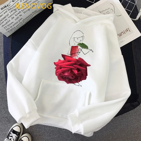 Flowers Rose Print Sweatshirt Women Clothes 2022 Hoodie Femme Kawaii Velvet Thick Ening Coat Tracksuit