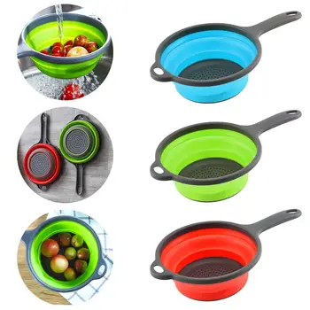 

Drain Basket Folding Silicone Storage Bag Plastic Colander Drain Basket Handle Fruit Vegetable Washing Strainer Kitchen Tools
