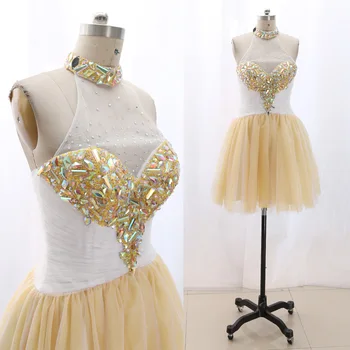

MACloth Yellow Short Halter Knee-Length Short Crystal Tulle Prom Dresses Dress M 268008 Clearance
