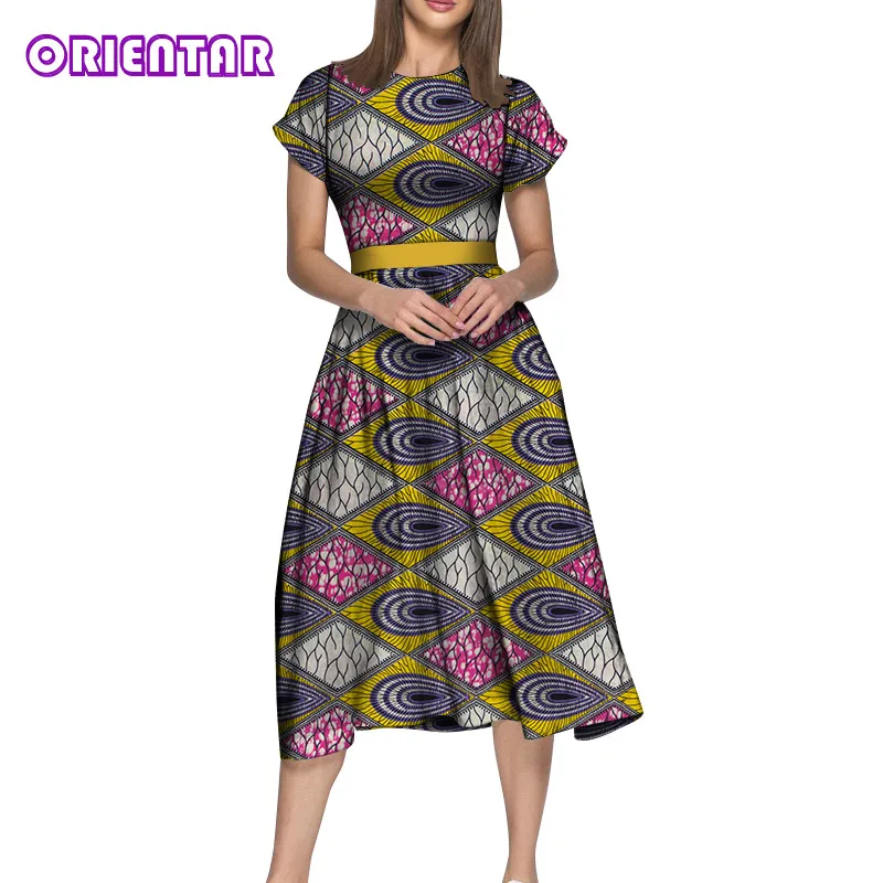 

2019 Simple African Dresses for Women Short Sleeve High Waist African Print Dress Bazin Riche Elegant Lady Midi Dresses WY5200