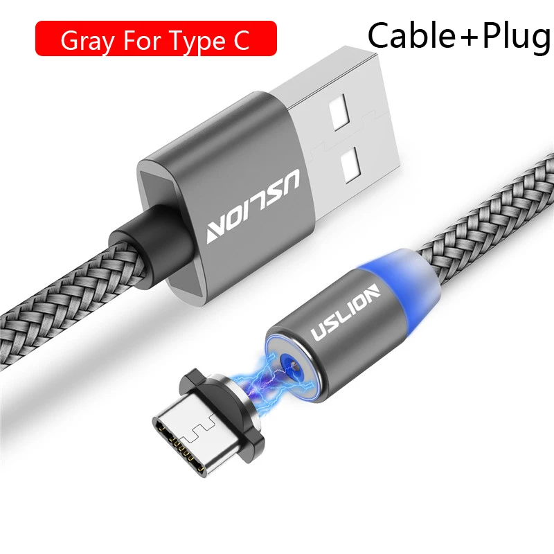 Gray For Type C USLION 3 м светодиодный магнитный USB кабель для зарядки, USB для Micro usb type C, зарядное устройство для iPhone 11 Pro Max, Android, телефонный кабель, USB шнур - Цвет: Gray For Type C