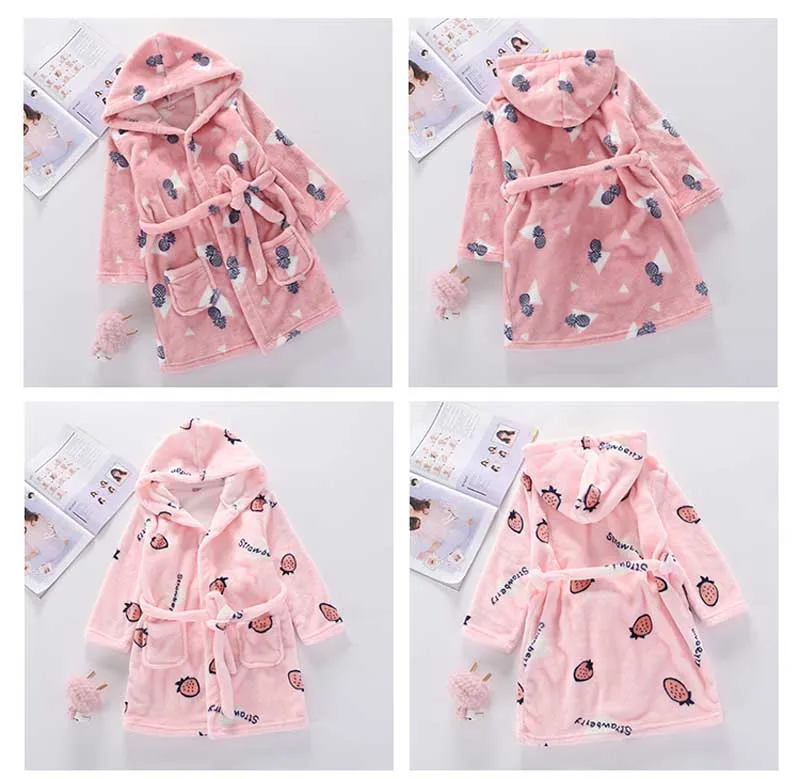 Cartoon Children Flannel Pajamas Boys Girls Robes Soft Thicken Hooded Bath Robes Long Sleeve Warm Lovely Child Home Clothing