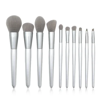 

Cosmetics Brushes New 10PCS Silver Wooden Handle Makeup Brushes Set Conical Handle Grey Orifice Tube Grey Hair Make Up Brush Set