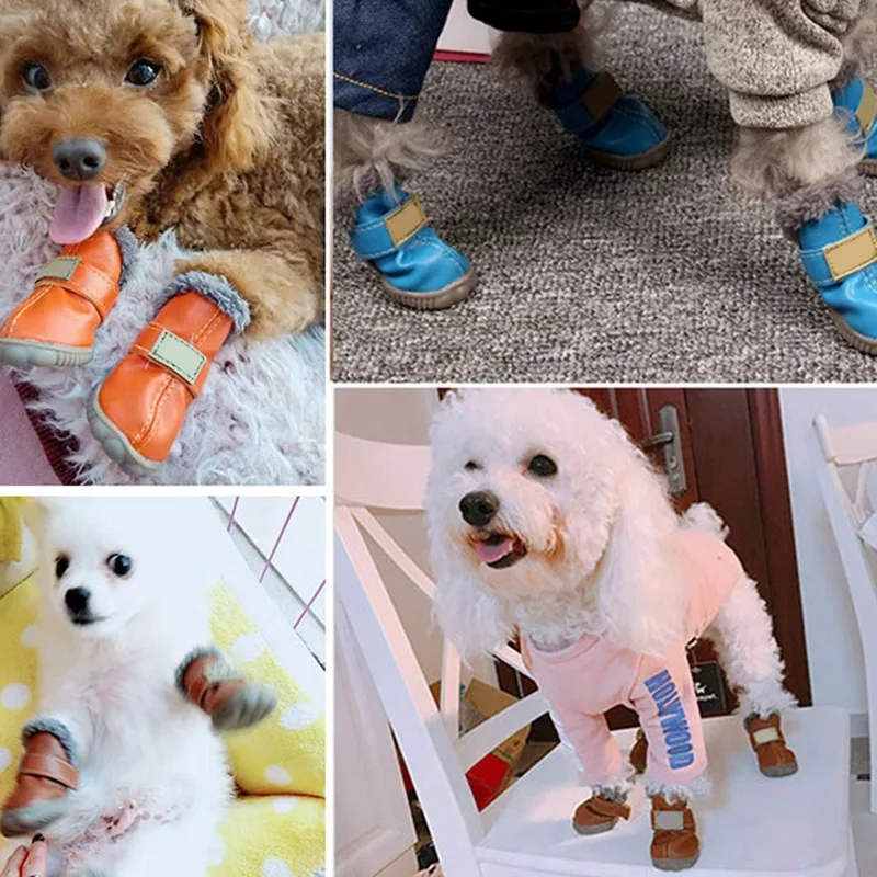 Водонепроницаемые ботинки для собак хлопок супер-волокна кожаный для собак обувь зима супер теплый нескользящий носки для собак продукт для домашних животных 4 шт./компл