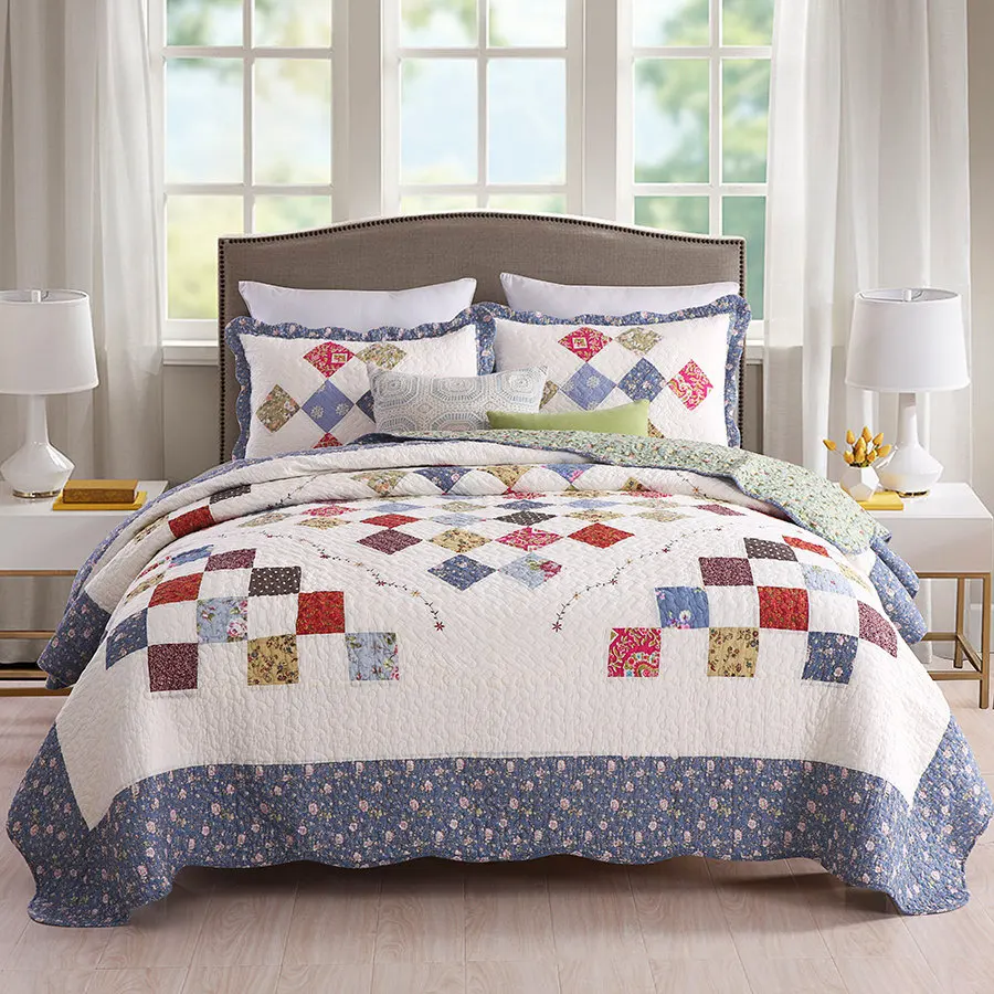 

Korean Style Plaid Quilted Patchwork Bedspread Cotton for Double Bed Queen Summer Air Conditioning Quilt Set Bed Cover Blanket