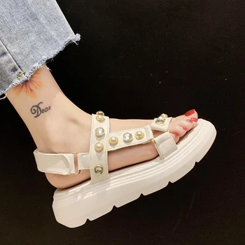 

Rimocy Elegant Ladies Pearls Sandals Summer Fashion Thick Platform White Black Summer Shoes Woman Straps Beach Sandalias 2020