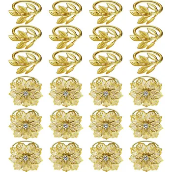 

24 Pieces Napkin Rings Set Hollow Out Flower Napkin Ring Holders Alloy Leaf Napkin Rings for Wedding Holiday Party Dinner Decor,