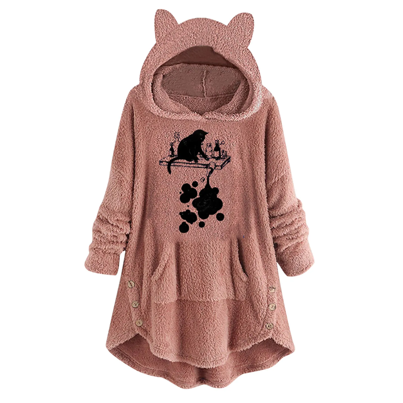 Fashion Hoodies Sweatshirts Women Jackets Button Coat Top Plush Hooded Pullover Loose Plus Size Warm Thick Windbreaker Outerwear 2