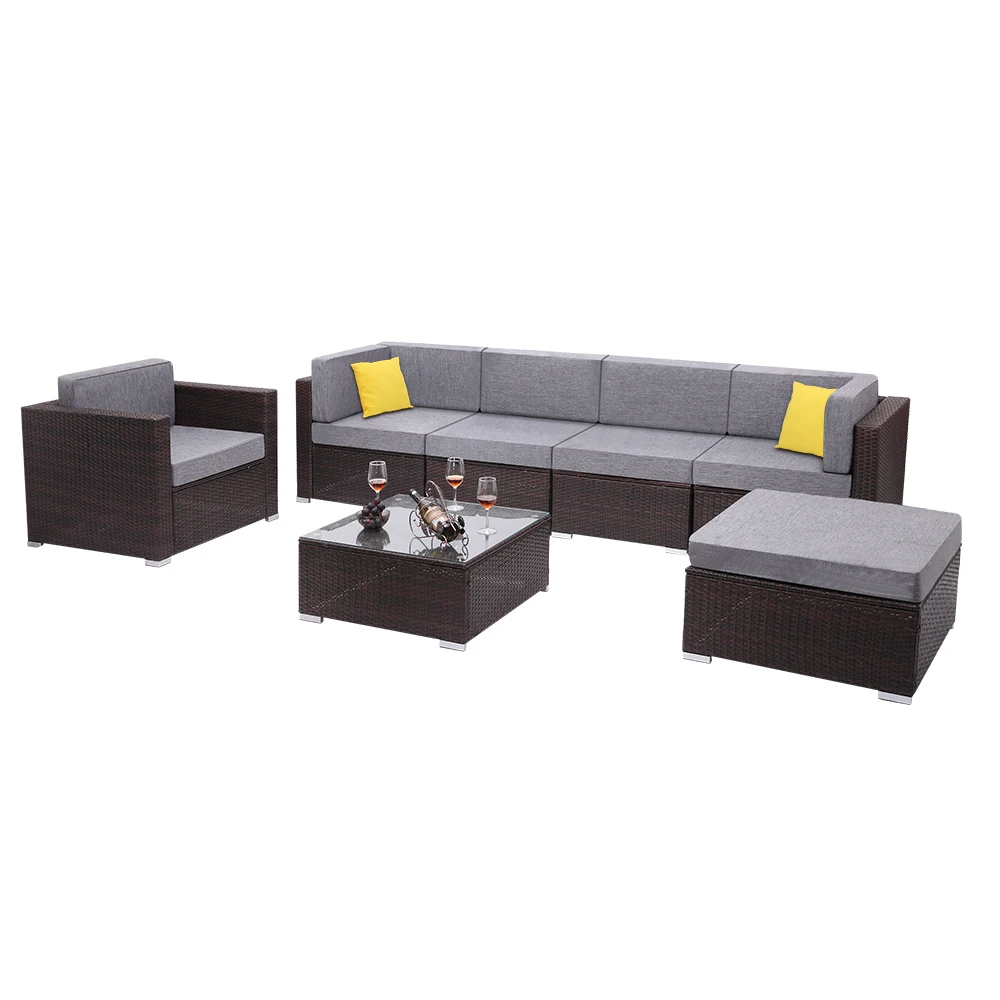 

7PCS Outdoor Rattan Wicker Conversation Furniture Set,All Weather Coffee Table Rattan Garden Sofa Set Sectional Couch,Long Seat