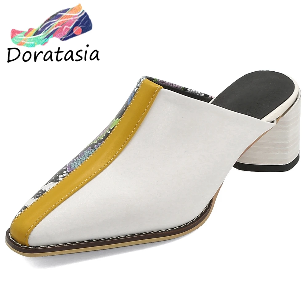 

DORATASIA New Girl Med Heels OL Mules Spring Summer Fashion mixed-color Mules Women Fashion Pathwork Shoes Woman