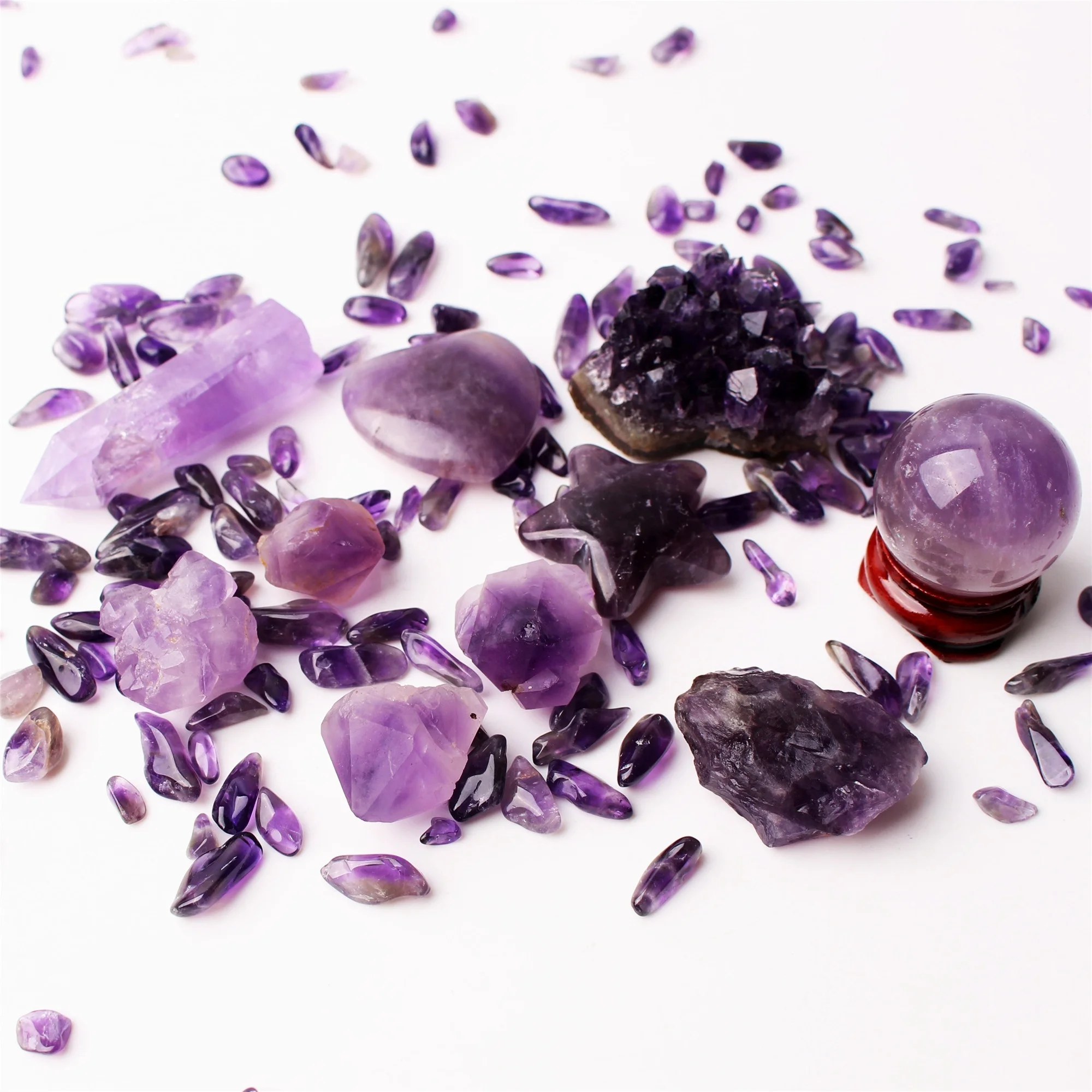 8 kinds Lots Mixed Natural Amethyst Wand Ball Cluster Heart Gravel Mineral Specimen Purple Quartz Reiki Healing Collection Decor