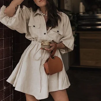 

Women Casual Sashes Mini Shirt Dresses Lantern Sleeve Buttons Turn down Collar Linen Dresses 2019 Vintage Dress Female Vestidos