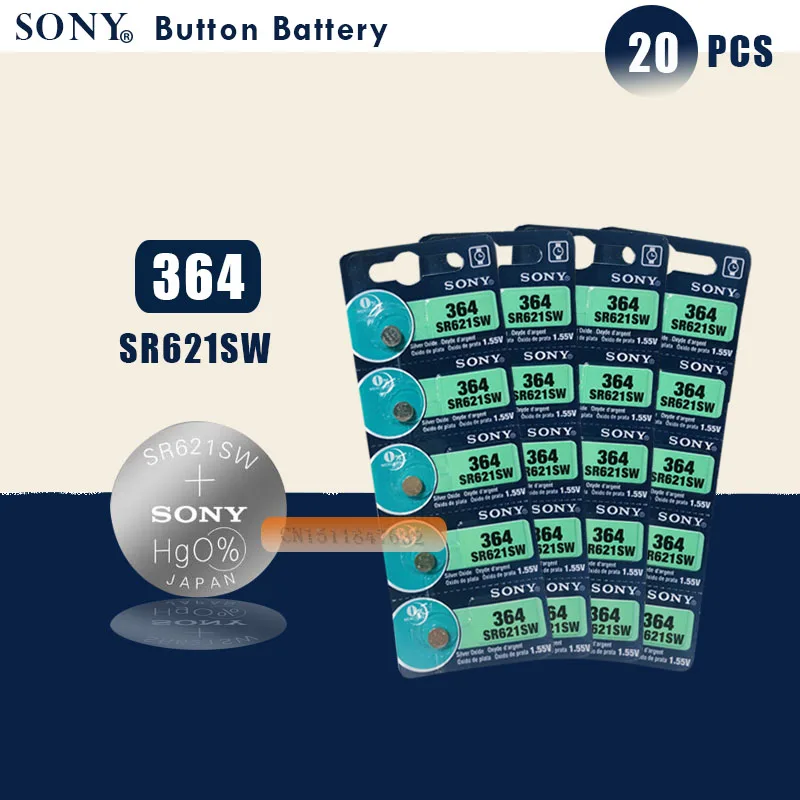 20 шт. Sony 100% оригинал 364 SR621SW V364 SR60 SR621 AG1 батарейный блок для часов Сделано в Японии |