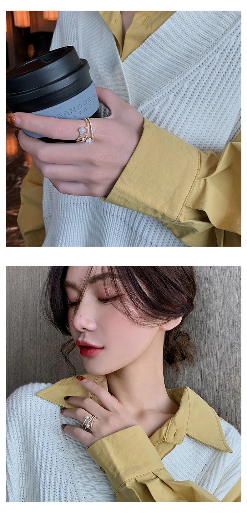 Luxuriöser und exquisiter dreilagiger Perlen-Goldfarben-verstellbarer Ring für Damenschmuck, koreanische Mode, Mädchen, ungewöhnliche Accessoires – Detail 4