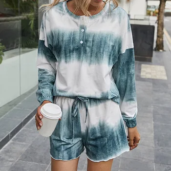 

Women Tie-dye Tracksuit Summer Ladies Two Pieces Set Long Sleeve Top Loose Elastic Waist Shorts Women Homewear Ropa Mujer