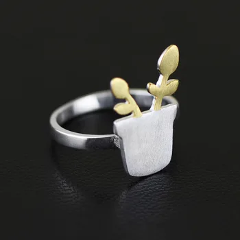 

Pure Silver 925 Silver 925 Ring Flowerpot Ring Potted Flowers Jewelry S925 Ring Opening Silver Adjustable Open Ring (WS)