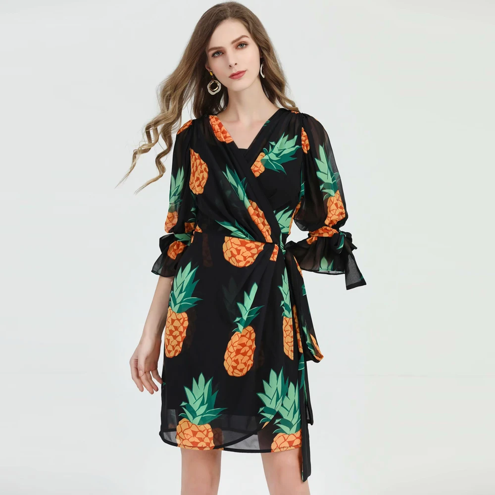 Runwaybox дизайнерское женское платье Весна Лето с фруктовым принтом с коротким рукавом Boho мини-платье женские праздничные платья vestidos robe Новинка